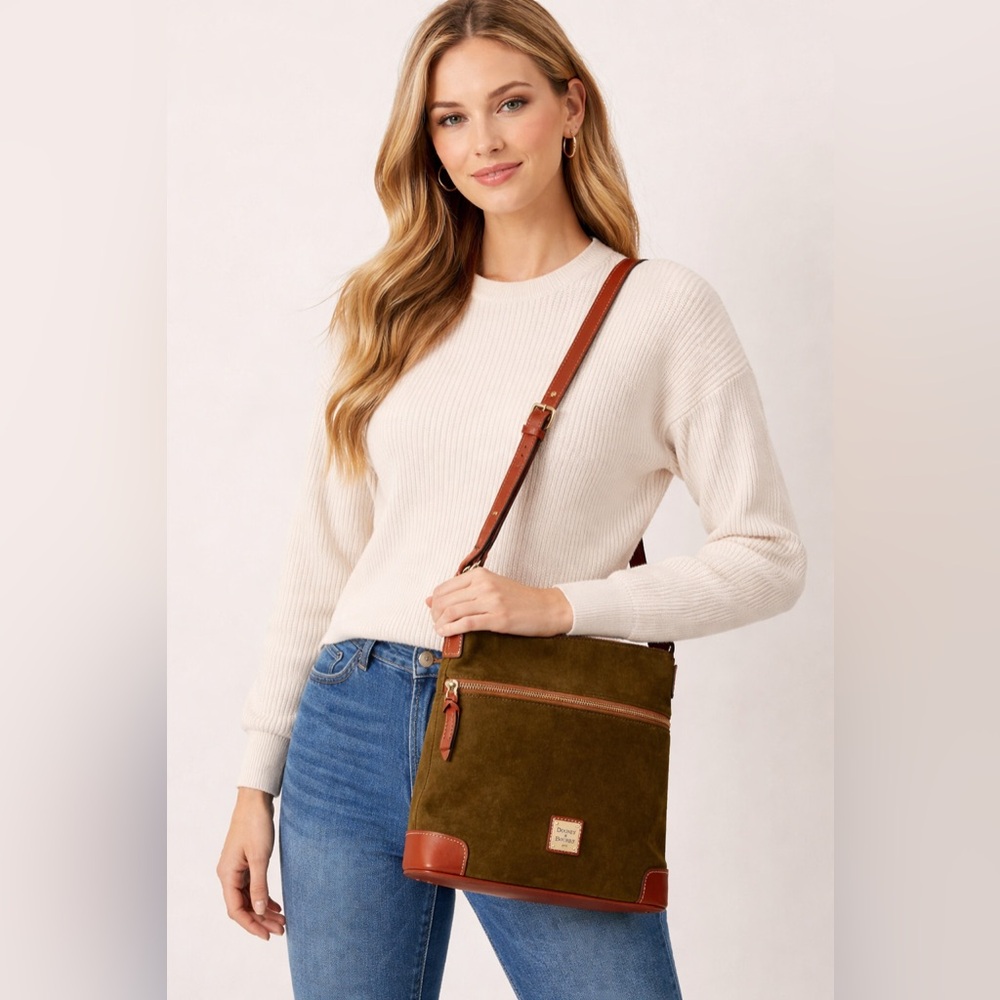 Dooney & Bourke Olive Green Suede Leather Crossbody Bag Zip Pocket British Tan